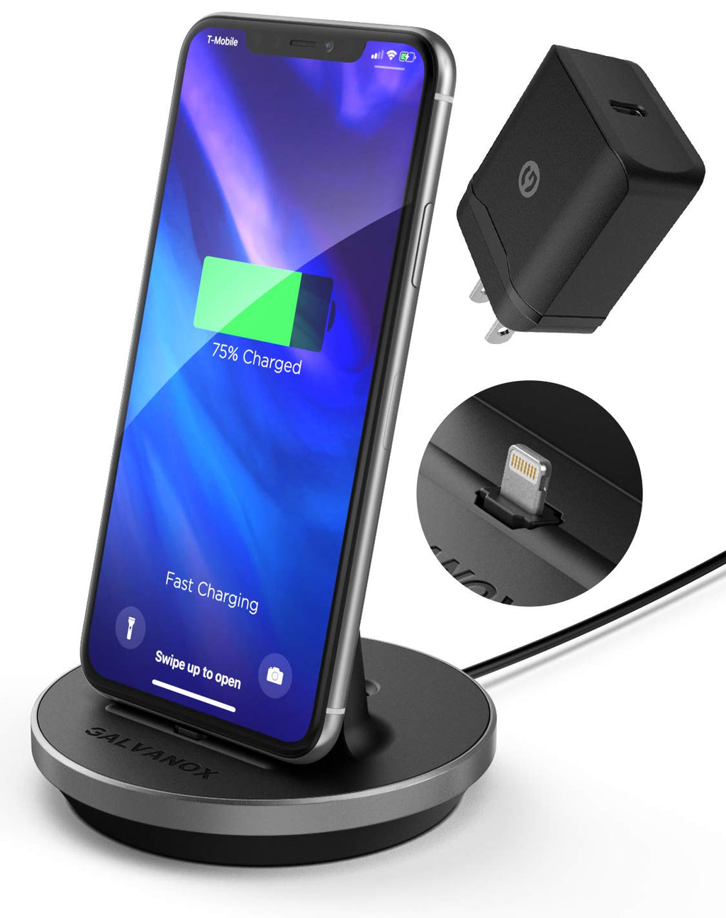  [AUSTRALIA] - GALVANOX iPhone Charger Stand (MFi Certified) Fast Charging Lightning Desktop Holder Dock with Built-in USB C Cable and USB-C 20W Power Adapter for Apple iPhone 8/8 Plus/X/Xs/XR/11/12/13/14 Pro Max