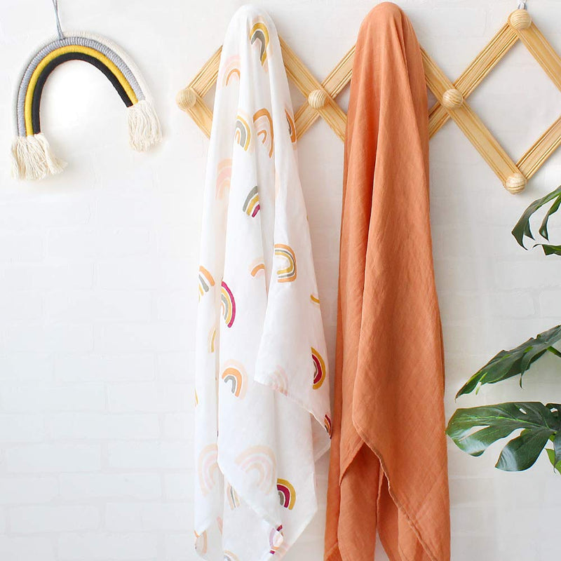  [AUSTRALIA] - LifeTree Muslin Baby Swaddle Blanket, Baby Swaddling Neutral Receiving Blanket for Boys & Girls, 70% Bamboo & 30% Cotton, Large 47 x 47 inches Solid Color / Rainbow Print Rainbow/Solid