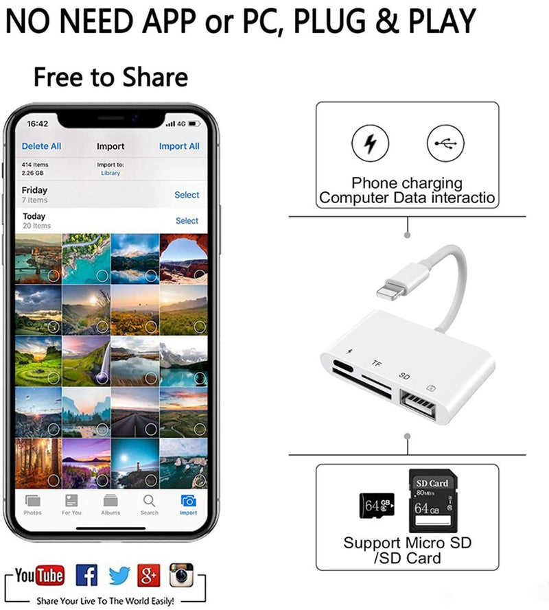 SD TF Card Reader Lightning Adapter, rosyclo Apple MFi Certified 4 in 1 USB OTG Camera Connection Kits Charge Cable for iPhone, Compatible with iPhone12/11/11Pro/X/iPad, Support iOS 9.2-14+(White) - LeoForward Australia