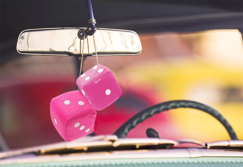  [AUSTRALIA] - Zento Deals Pair of 3 inch Square Pink Hanging Fuzzy Dice with White Dots