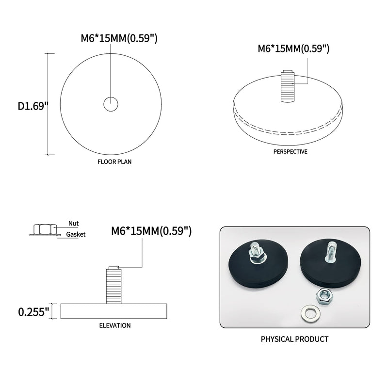 TSUYA 4pcs Neodymium Magnet Base with Rubber Coating and M6 Male Threaded Stud, Vertical Magnetic Pull-Force 18.5lbs Non-Slip, Anti-Scratch Strong Magnet Mounting for Camera, Pan Heads, Lighting - LeoForward Australia