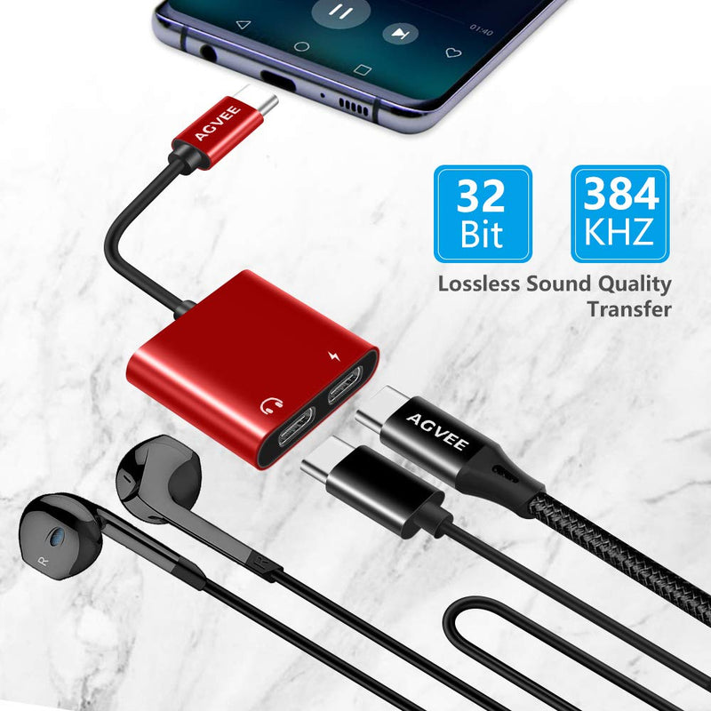  [AUSTRALIA] - AGVEE S21 S20 Dual USB-C Headphones & Charging Adapter, Duo Type-C Audio Earbuds & PD Charger Splitter, USBC Earphone Jack Dongle for Samsung S21 S20, Note 20 10, iPad Pro, Pixel 2 3 4 5 XL, Red