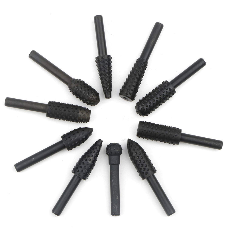 Rowiz 10pcs 6.3mm(1/4 Inch) Shank Rotary Rasp Set, Woodworking Twist Drill Bits, Electrical Tools Woodworking Rasp Chisel Shaped Rotating Embossed Grinding Head - LeoForward Australia