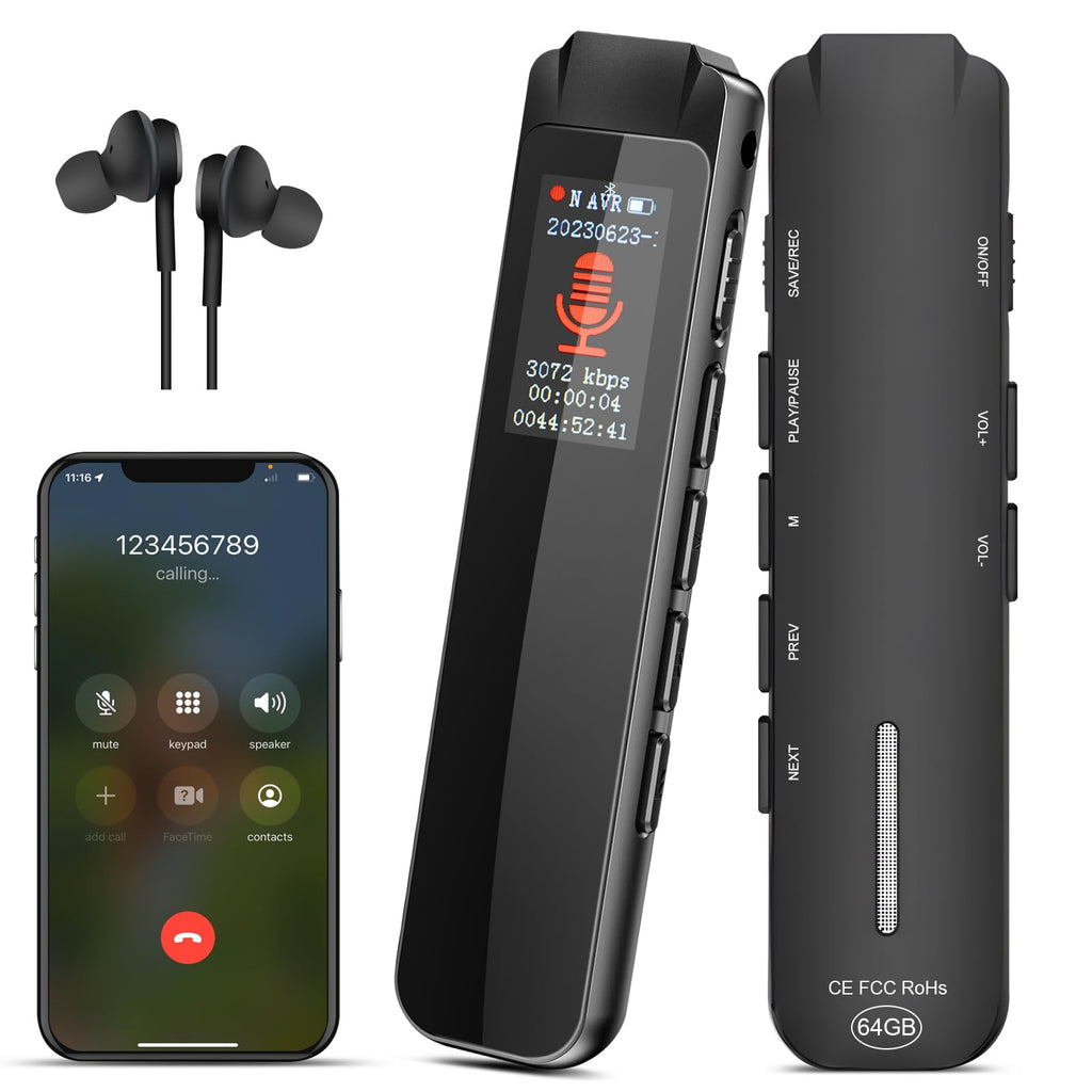  [AUSTRALIA] - 64GB Digital Voice Recorder, Upgraded 3072Kbps HD Recording, Voice Activated Recorder with Rechargeable,Dictaphone A-B Loop Playback, Dual-Mic Noise Reduction, MP3 Player for Meeting Lecture