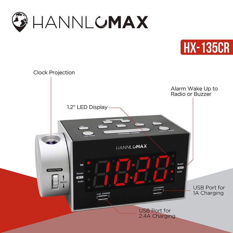 HANNLOMAX HX-135CR Alarm Clock Radio with Projection, PLL FM Radio, Dual Alarm, Dual USB Ports for 2.4A and 1A Charging, 1.2 inches Red LED Display, AC/DC Adaptor Included - LeoForward Australia