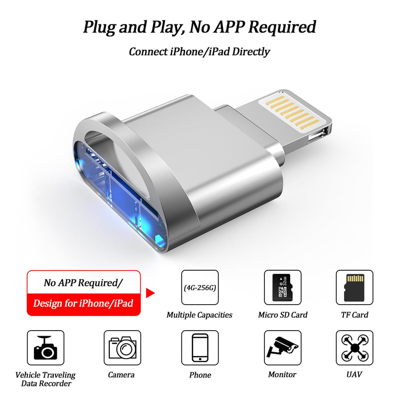  [AUSTRALIA] - [Apple MFi Certified] Micro SD Card Reader for iPhone,Lightning to Micro SD/TF Card Reader Viewer Micro SD Card Adapter for iPhone 14/13/12/11/XS/XR/X/8/7/iPad,Support iOS 16 and exFAT & FAT32, Silver