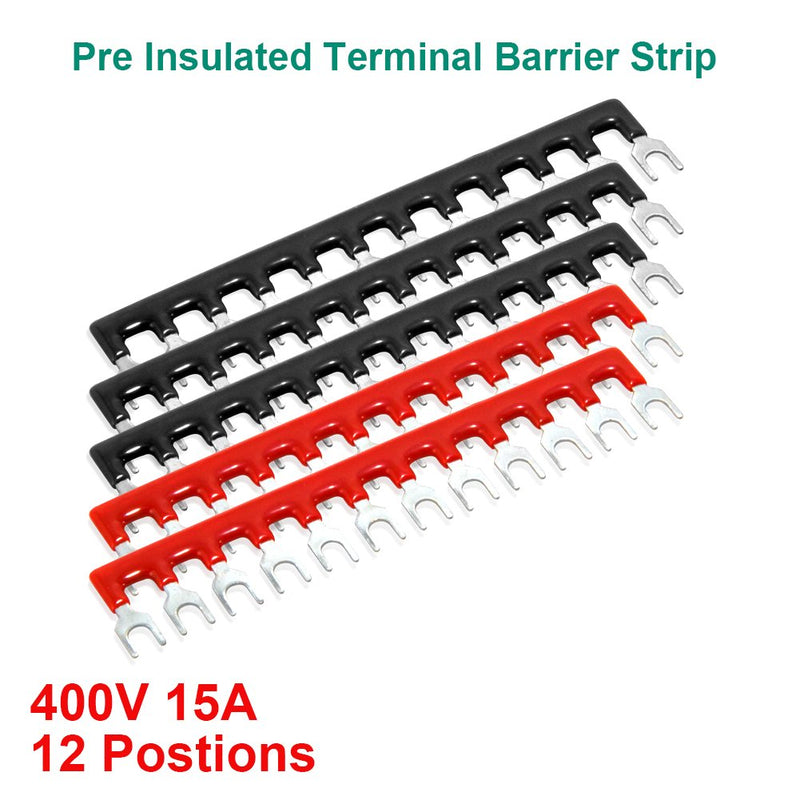  [AUSTRALIA] - MILAPEAK 10pcs (5 Sets) 12 Positions Dual Row 600V 15A Screw Terminal Strip Blocks with Cover + 400V 15A 12 Positions Pre-Insulated Terminals Barrier Strip (Black & Red) 15A 12P+5pcs Jumpers