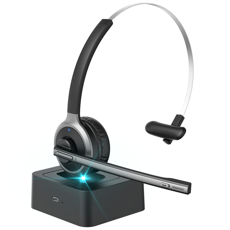  [AUSTRALIA] - Wireless Headset with Microphone for PC, Trucker Wireless 5.0 Headset with Microphone, Flip-to-Mute Mic, On Ear Cell Phone Headset with Charging Base for Home Office Call Center Zoom Skype