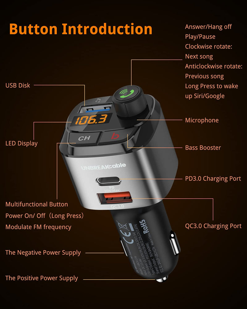  [AUSTRALIA] - UNBREAKcable Bluetooth FM Transmitter for Car, Support QC3.0, 20W Wireless Bluetooth Radio Car Adapter Receiver MP3 Audio Music Player FM Transmitters, Type C PD20W Handsfree Call Car Charger