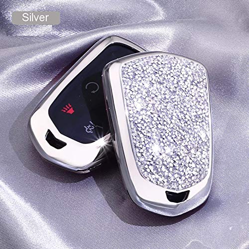  [AUSTRALIA] - Royalfox(TM) 4 5 6 Buttons 3D Bling keyless Entry Remote Smart Key Fob case Cover for 2016-2019 Cadillac CT6, 2017-2019 XT5, 2014-2019 CTS, 2015-2019 XTS SRX ATS Accessories,with Keychain (Silver) silver