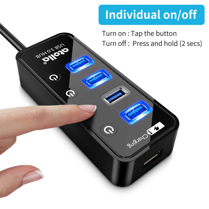  [AUSTRALIA] - Powered USB Hub, atolla 4-Port USB 3.0 Hub with 4 USB 3.0 Data Ports and 1 USB Smart Charging Port, USB Splitter with Individual On/Off Switches and 5V/3A Power Adapter