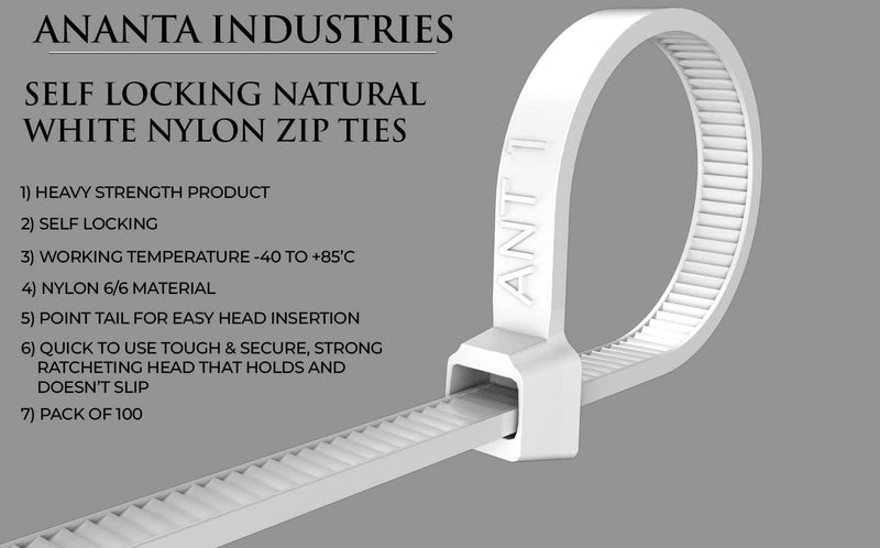  [AUSTRALIA] - ANANTA INDUSTRIES Multi-Purpose Natural White Heavy Duty Cable Ties, 12 INCH[300MM], Pack Of 100… 12"(300MM)