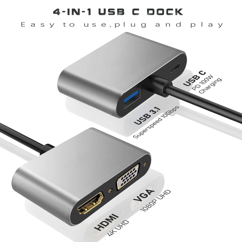  [AUSTRALIA] - USB C to HDMI VGA Adapter for Monitor, USBC Laptop Docking Station Dual Monitor Dongle MacBook, USB-C Hub Powered Mac, USB 3.0 to USB C Adapter Cable with Fast Charging Chromebook, Type C Dock 4 Port