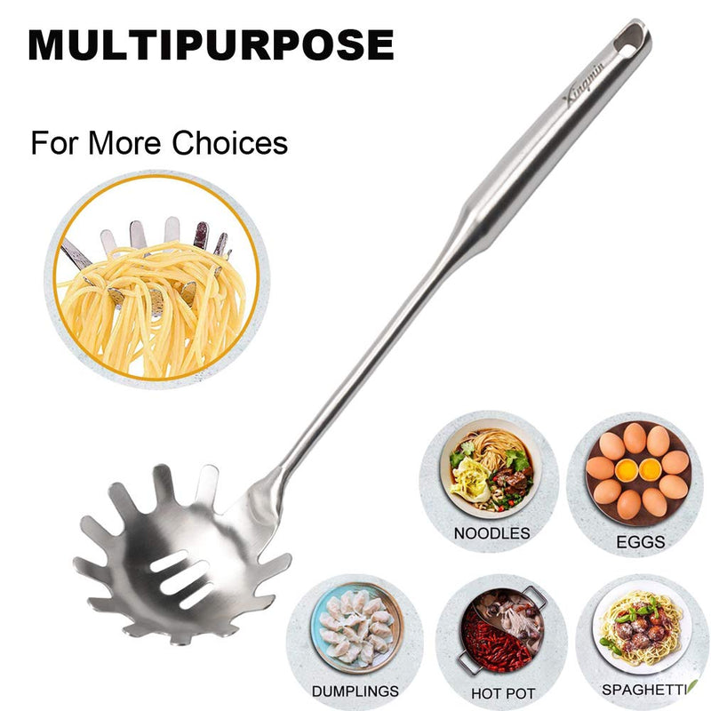  [AUSTRALIA] - Xingmin Spaghetti Spoon Server Fork Pasta Utensil 304 Stainless Steel Metal Strainer Noodle Spoon With Long Handle For Kitchen Cooking 14.3 Inch