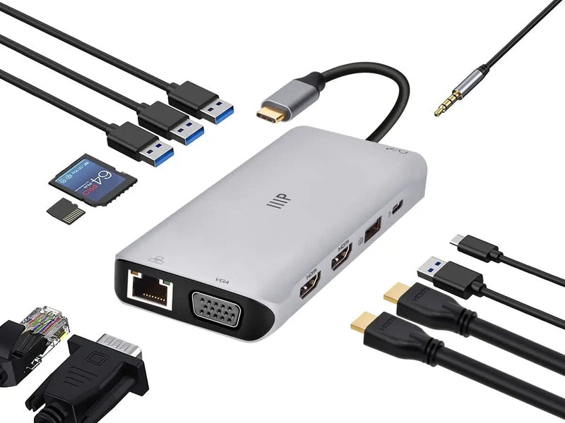  [AUSTRALIA] - Monoprice 12-in-1 Dual-HDMI + VGA MST Triple Monitor Docking Station, Dual 4K HDMI, VGA, 5Gbps USB‑A, Gigabit Ethernet, SD/MicroSD Readers, 100W PD, 3.5mm Dual Audio/Microphone Jack