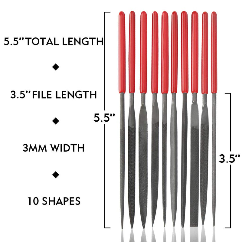  [AUSTRALIA] - 10Pcs Needle File Set Hardened Alloy Strength Steel Files- Mini Needle File Set Includes Round, Tapered Round, Half Round, Barrette, Crossing, Knife, Equaling, Warding, Square, and Three Square 3mm x 140mm
