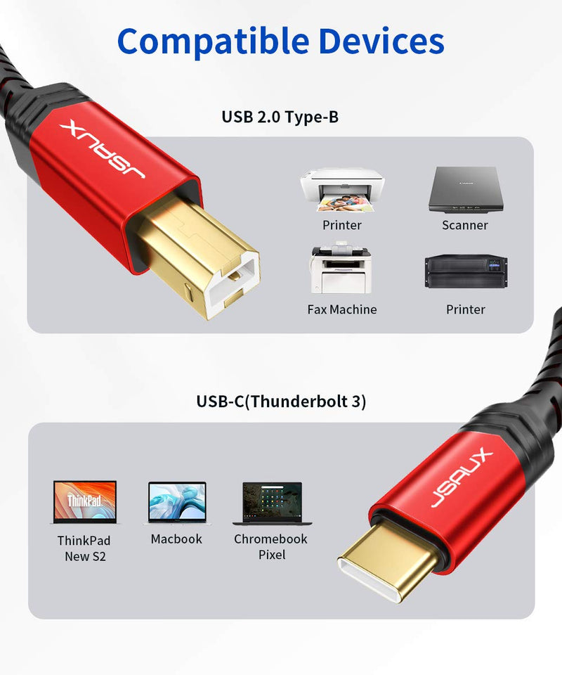  [AUSTRALIA] - JSAUX USB B to USB C Printer Cable 10ft, USB C to USB B Printer Cable Nylon Braided, USB C MIDI Cable Compatible for MacBook Pro, HP, Epson, Canon, Brother, Lexmark, Xerox Printers and Scanner-Red red