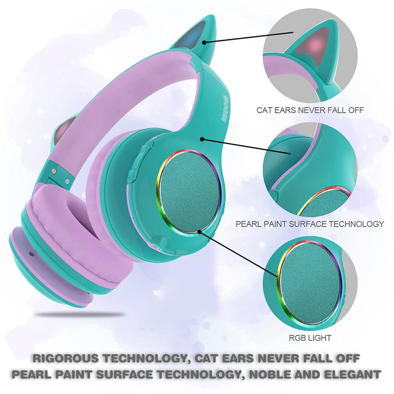  [AUSTRALIA] - Midola Kids Headphone Bluetooth Wireless or Wired Over Ear Cat Light Foldable Stereo Headset with AUX 3.5mm Mic Volume Limit 110-94 dB for Adult Child Boy Girl Cellphone Tablets TV Game Green