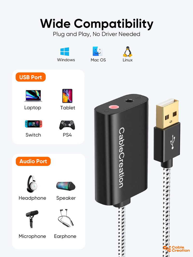  [AUSTRALIA] - CableCreation USB Audio Adapter External Sound Card with 3.5mm Headphone and Microphone Jack Compatible with Windows, Mac, macOS, Linux, PS4, PS5, Plug and Play, Aluminum Black