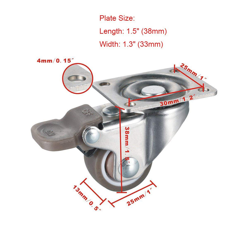  [AUSTRALIA] - bayite 4 Pack 1" Low Profile Casters Wheels Soft Rubber Swivel Caster with 360 Degree Top Plate 100 lb Total Capacity for Set of 4 (2 with Brakes & 2 Without)