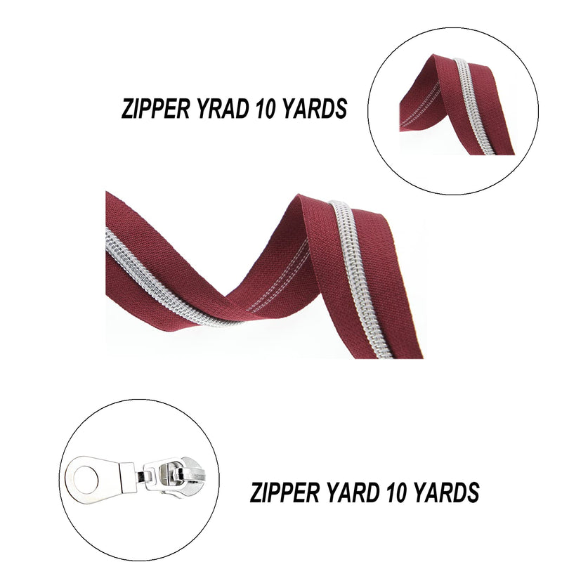  [AUSTRALIA] - 10 Yards Zipper by The Yard - Metallic Teeth Zipper(Wine Red Tape, Silver Teeth) - 25 PCS Silver Zipper Pulls YIGUANXIN Wine-Silver