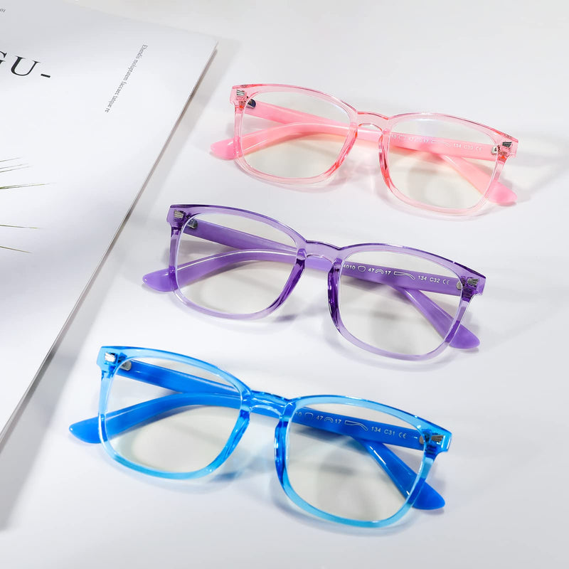  [AUSTRALIA] - Blue Screen Glasses for Kids, COASION 3 Pack Blue Light Blocking Glasses for Girls Boys, Computer Gaming Fake Eyeglasses ( Clear Purple + Clear Pink + Clear Blue )