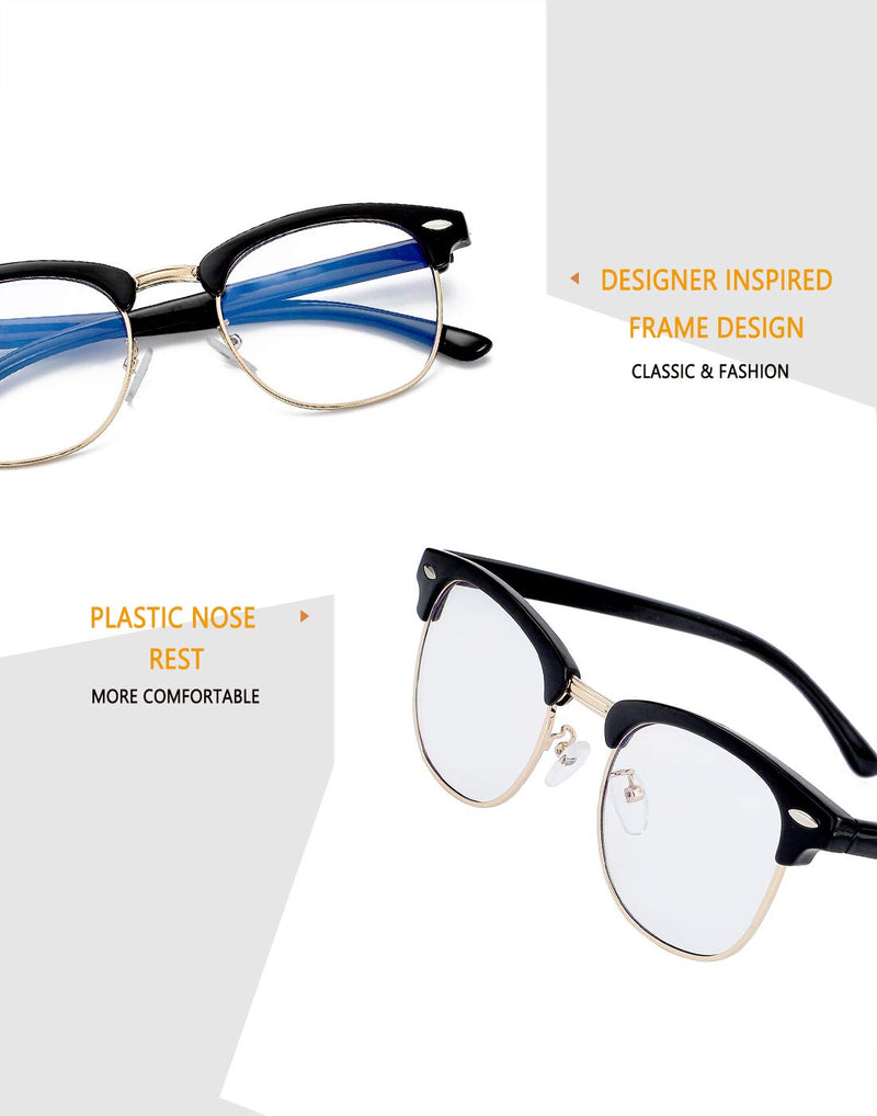 Blue Light Blocking Glasses for Women Men Semi-Rimless Frame Fake Nerd Eyeglasses Bright Black Gold 52 Millimeters - LeoForward Australia