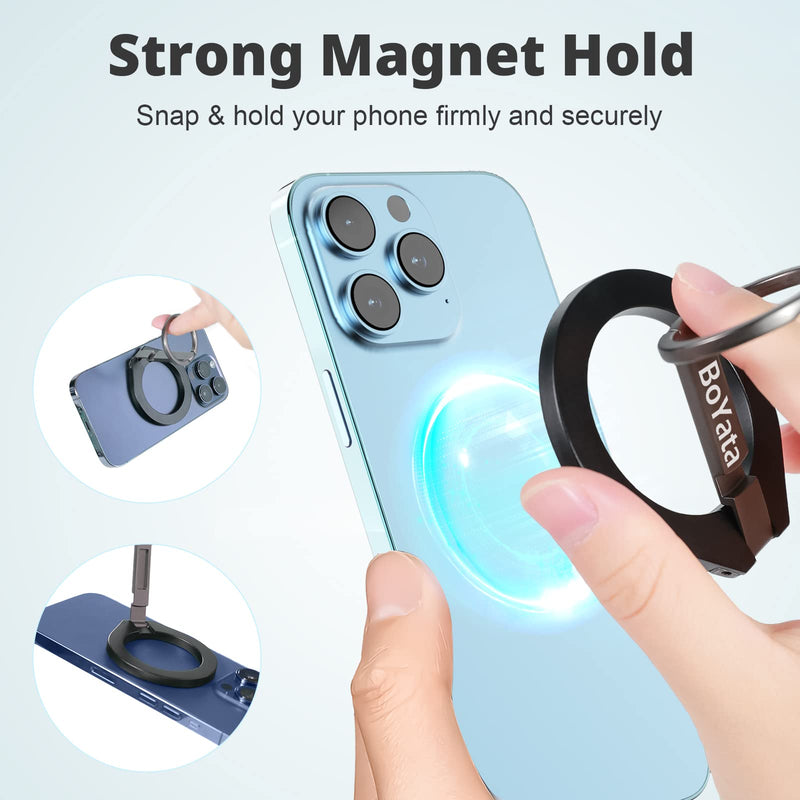  [AUSTRALIA] - BoYata Magnetic Phone Ring Holder, 360° Rotating Phone Grip for MagSafe, Adjustable & Detachable Finger Ring Stand Compatible for iPhone 12/13/14, iPhone Series & Android Devices Use with Iron Ring Black