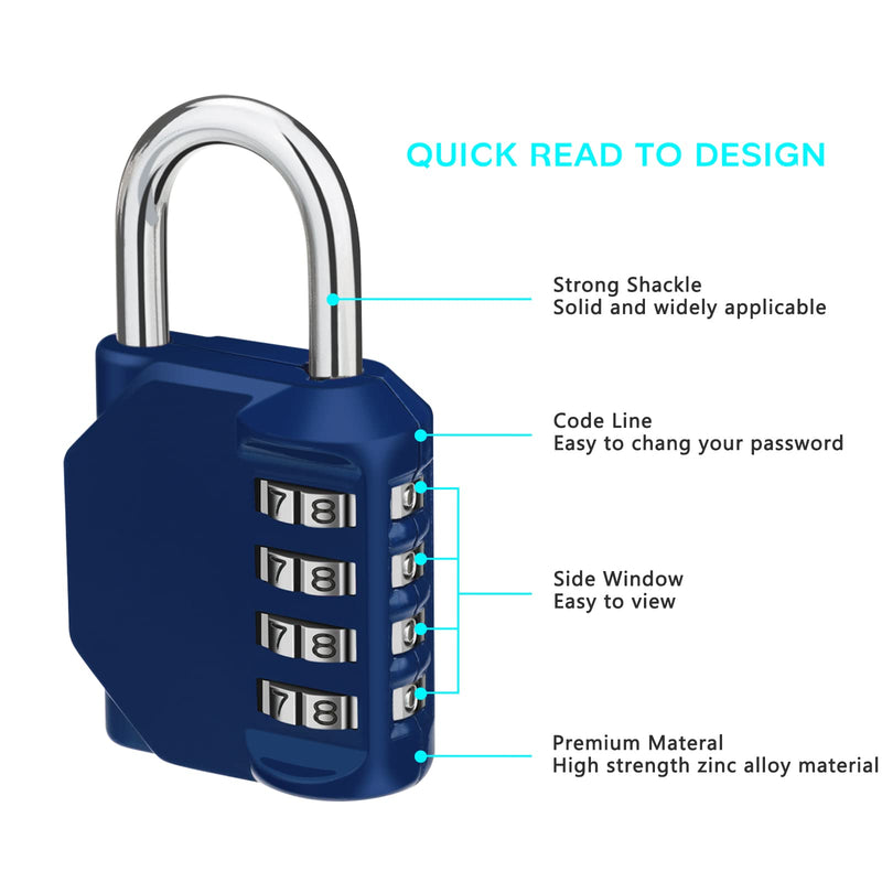  [AUSTRALIA] - ZHEGE Combination Lock 2 Pack, 4 Digit Padlock for Gym, Employee, School, Fence. Hasp Cabinet & Storage - Set Your Own Keyless Resettable Combo Blue2