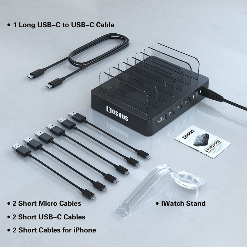  [AUSTRALIA] - 105W Charging Station for USB-C Laptop,MacBook Pro/Air,Samsung,Multiple Devices,COSOOS 6-Port USB Charger Station with Power Delivery USB-C, 7 Mixed USB Cable Black