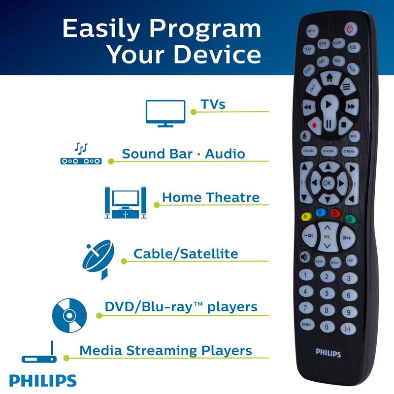 Philips Backlit Universal Remote Control for Samsung, Vizio, LG, Sony, Sharp, Roku, Apple TV, TCL, Panasonic, Smart TVs, Streaming Players, Blu-Ray, DVD, 8-Device, Black, SRP9488C/27 8-Device Backlit - LeoForward Australia