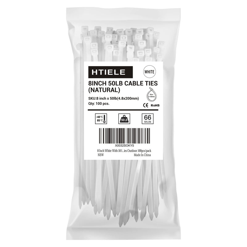  [AUSTRALIA] - 8 Inch White With 50 lbs HTIELE Cable Ties Heavy Duty Self-locking Zip Ties Outdoor 100pcs/pack WHITE NATURE