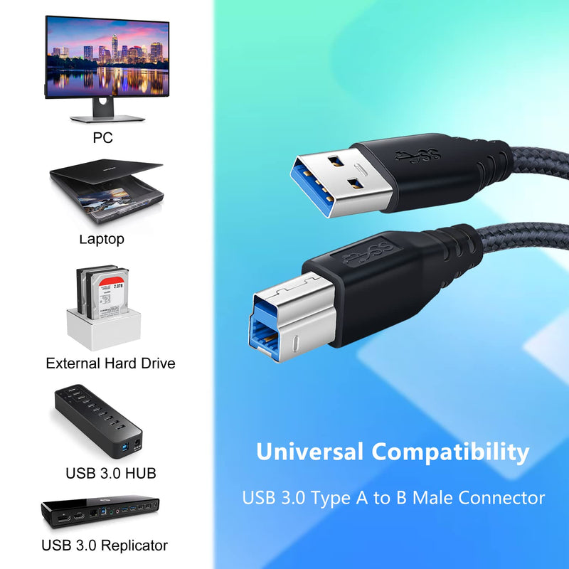  [AUSTRALIA] - USB 3.0 Cable A Male to B Male 6Ft, OKRAY 2 Pack Durable Nylon Braided Superspeed USB 3.0 A to B Cable Compatible for Hard Disk Drive, Scanner, USB Hub, Monitor and More(Black, Black) Black,Black