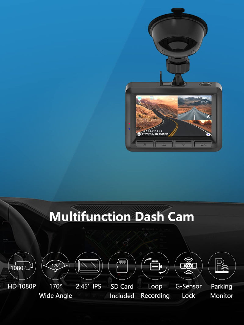  [AUSTRALIA] - Dash Cam Front and Rear, 1080P Full HD Dash Camera for Cars with 32GB SD Card, 2.45'' IPS Screen, 170°Wide Angle, Night Vision, Parking Monitor, Loop Recording, Motion Detection Black