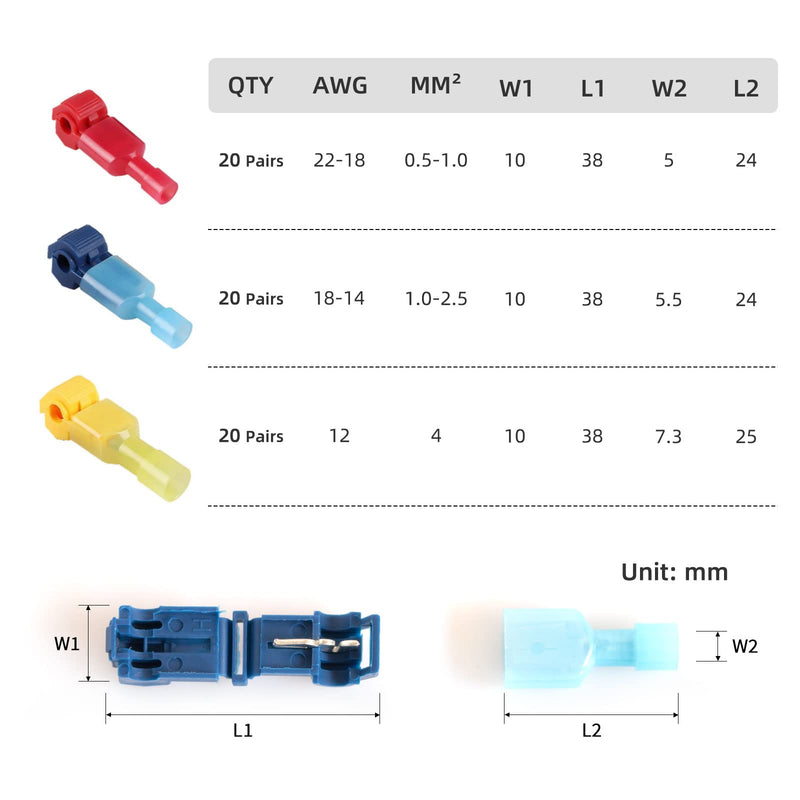  [AUSTRALIA] - OSXCAUES 120PCS T-TAP Wire Connectors Crimp Electronic Connectors Self-Stripping Quick Splice Terminals Assortment Kit with Case 120 PCS Multicolored