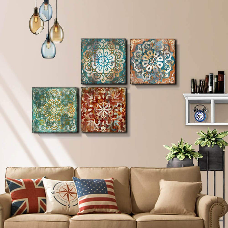  [AUSTRALIA] - Vintage Flowers Pattern Canvas Prints Wall Art for Bedroom 14x14 inches 4 Pieces Framed Artwork Vintage Picture Ready to Hang for Home Bathroom Kitchen Office Decoration 14x14x4