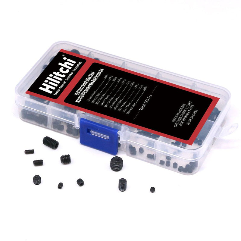  [AUSTRALIA] - Hilitchi 260pcs M3/4/5/6/8 Allen Head Socket Hex Grub Screw Set Assortment Kit with Plastic Box 12.9 Class Black Alloy Steel