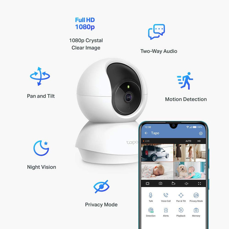 TP-Link Tapo Smart Cam Pan Tilt Home WiFi Camera | Wireless Indoor Security Camera 1080p (Full HD) | Up to 30 ft Night Vision | Up to 128 GB microSD Card Slot | Works w/Alexa and Google (Tapo C200) - LeoForward Australia