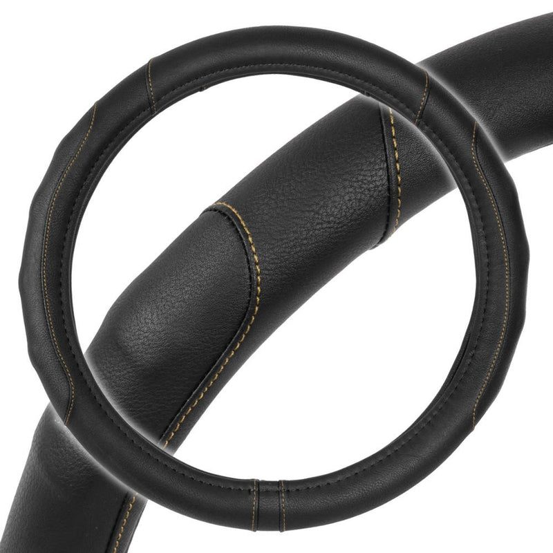 [AUSTRALIA] - Motor Trend GripDrive Pro Synthetic Comfort Leather Grip Steering Wheel Cover for Cars Trucks Vans SUVs (Black / Beige Accent Stitching) (Small Size 13.5 - 14.5 Inch) Black / Beige Accent Stitching Small (13.5 - 14.5")