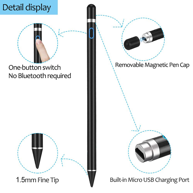  [AUSTRALIA] - Active Stylus Pens for Touch Screens, DOGAIN Stylist Digital Pen, 1.5mm Fine Point Rechargeable iPad Pencil for Drawing/Writing/Playing, Compatible with iOS/Android and Other Tablets(Black) black