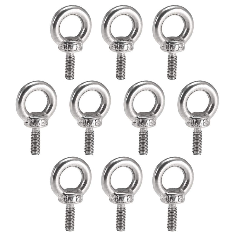  [AUSTRALIA] - uxcell Lifting Eye Bolt M3 x 9mm Male Thread 304 Stainless Steel for Hanging, Pack of 10