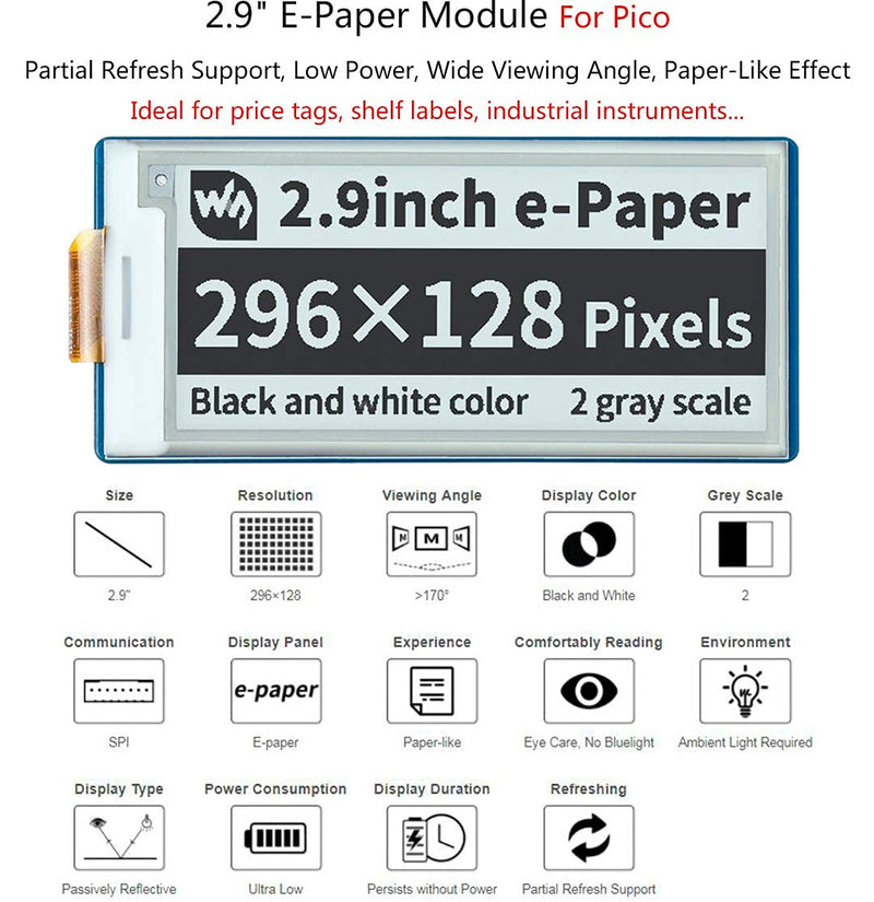  [AUSTRALIA] - Waveshare 2.9inch E-Paper Display Module for Raspberry Pi Pico, Black White Two-Color 296×128 Pixel E-Paper Screen LCD SPI Interface Support Partial Refresh Wide Viewing Angle, Paper-Like Effect
