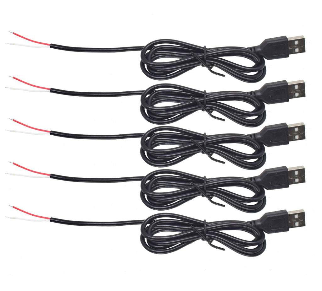  [AUSTRALIA] - 5pcs USB 2 Wire Pigtail Cable 1M 3.3ft Black 28AWG USB A Male Power Cable Plug Cord Connectors