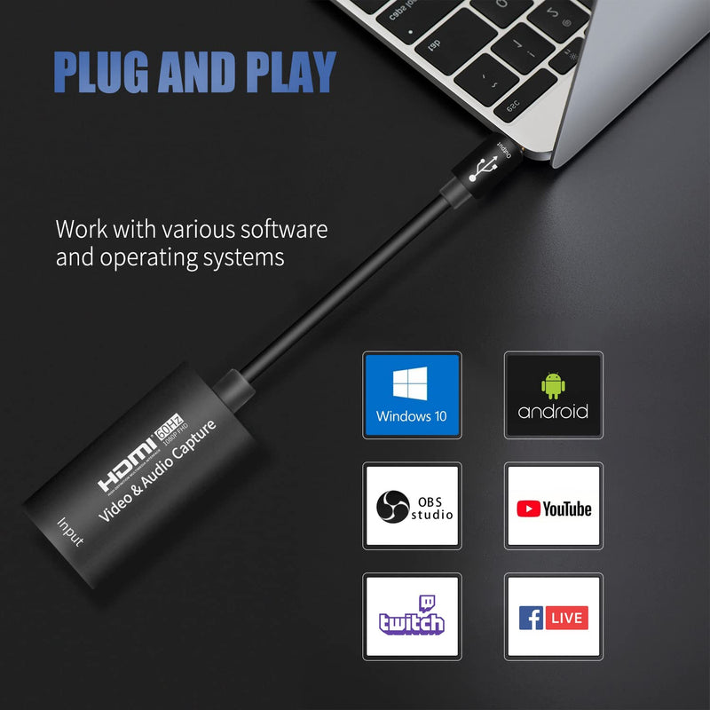  [AUSTRALIA] - Video Capture Card, USB 3.0 HDMI to USBC Audio Capture Card, 4K 1080P60 Capture Devices for Gaming Live Streaming Video Recorder, Compatible with Windows Mac OS System for PS4/5 Switch, Xbox, Steam Black