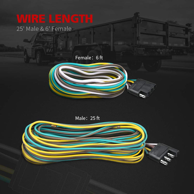  [AUSTRALIA] - MICTUNING Trailer Wiring Harness Extension Kit - 4 Pin 25 Feet Male and 6 Feet Female Connector, 18 AWG Color Coded 4-Way Flat Wires for Under or Over 80 Inches Wide Trailers