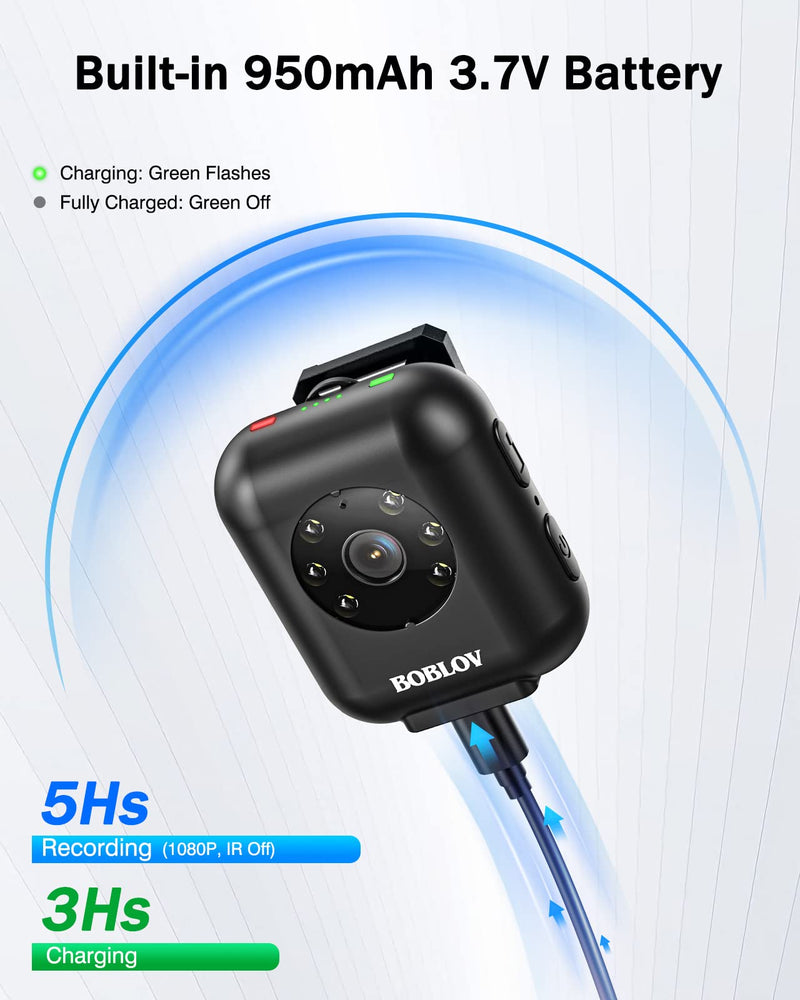  [AUSTRALIA] - BOBLOV W4 Body Worn Camera, 64GB 1080P Video Camera,Expand Memory, 950mAh Battery for 5hours Video Shooting, Time&Date Stamp Supported, for Head Mounted with Strap and Short Clip