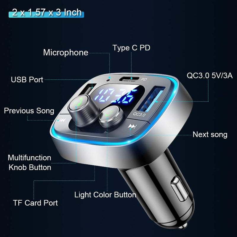 LIHAN Bluetooth FM Transmitter for Car,7 Color LED Backlit Car Adapter, QC3.0 & USB-PD Ports Charger, Wireless Radio Audio Player, Handsfree Calling & Music Receiver, Compatible for Most Smartphones - LeoForward Australia