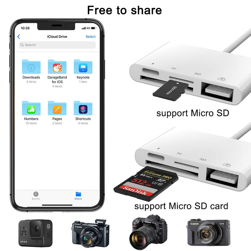 SD TF Card Reader Adapter for iPhone/iPad,4 in 1 USB OTG Camera Connection Kits Adapter with SD TF Card Reader and Charge Adapter Compatible for iPhone/iPad,Support Newest iOS 14-White - LeoForward Australia