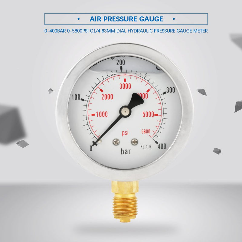  [AUSTRALIA] - 0-400BAR 0-5800PSI G1 / 4 63mm Dial Indicator Hydraulic Pressure Gauge High Precision REUSABLE PACKAGING socialme-eu