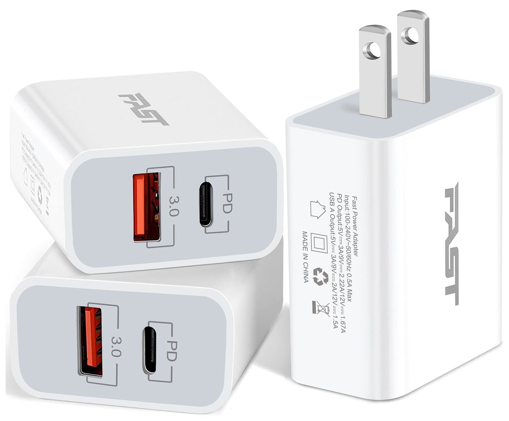  [AUSTRALIA] - 20W USB C Fast Charger, JUNVANG Dual Port PD Power Delivery + Quick Charger Wall Charger Block Plug for iPhone 14/14 Plus/14 Pro Max/13/12 Pro Max/Mini/11/XS/XR/X, iPad, AirPods, Samsung, LG (Pack-3) White